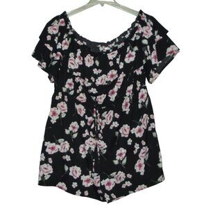 Rose Gal  Romper Womens 4XL Floral Off-Shoulder Black Pink Ruffle Short Sleeve